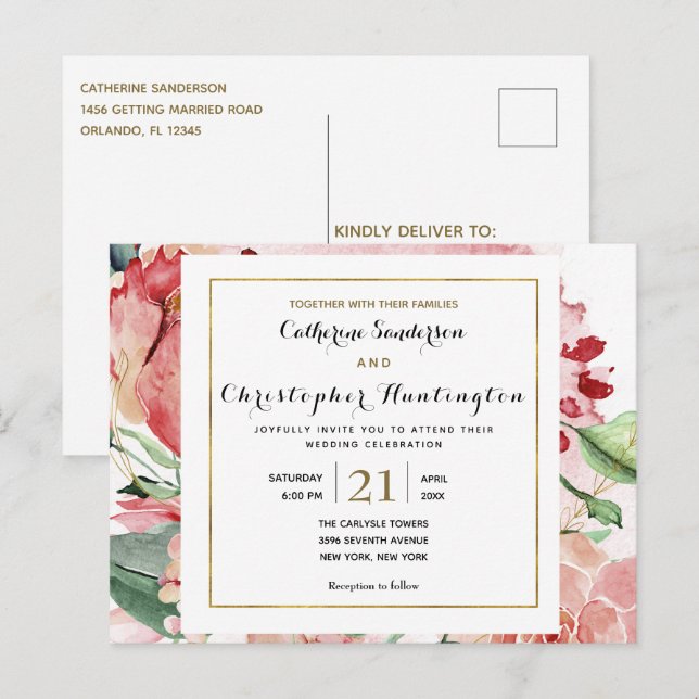 Elegante rosa Blüte in einer Hochzeitsfeier Postkarte (Vorne/Hinten)