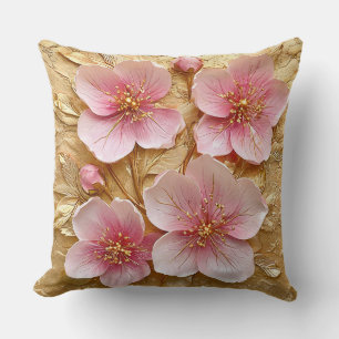 Elegante rosa Blüten auf goldenem Hintergrund Kissen
