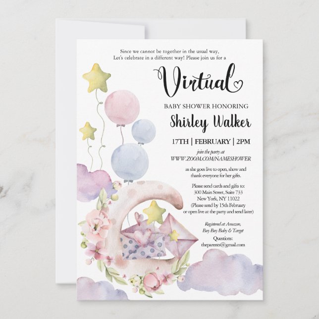 Elegante Rosa Blütenballons Virtual Baby Dusche Einladung (Vorderseite)
