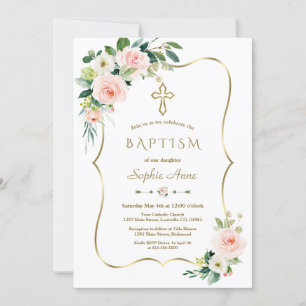 Elegante rosa Blütenblume Gold Cross Taufe Einladung