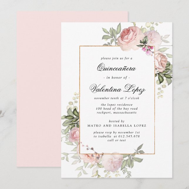 Elegante Rosa Blütenfarben Quinceanera Einladung (Vorne/Hinten)