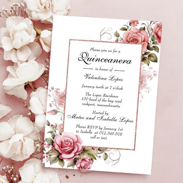 Elegante Rosa Blütenfarben Quinceanera Einladung (Von Creator hochgeladen)