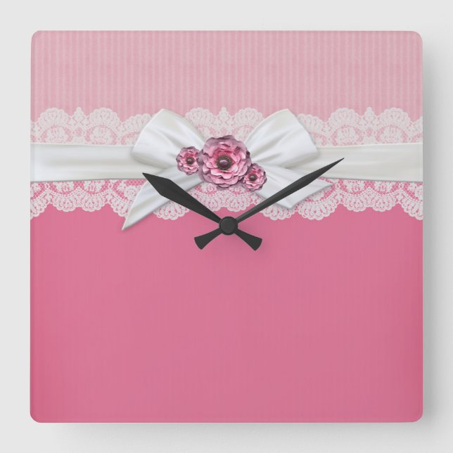 Elegante, rosa Blütenrosa Gobenuhr Quadratische Wanduhr (Vorderseite)
