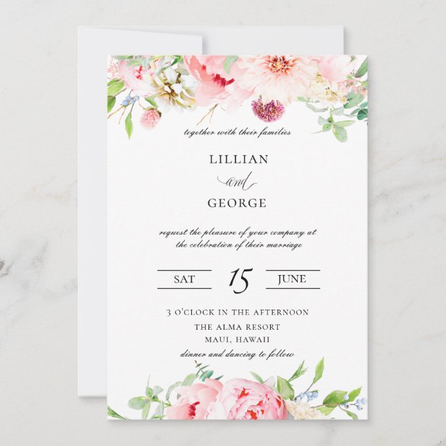 Elegante Rosa Botanische Hochzeit Einladung (Vorderseite)