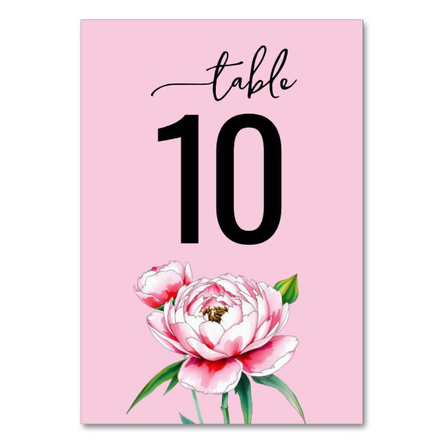 Elegante rosa botanische Pfingstrose Tischnummer (Vorderseite)
