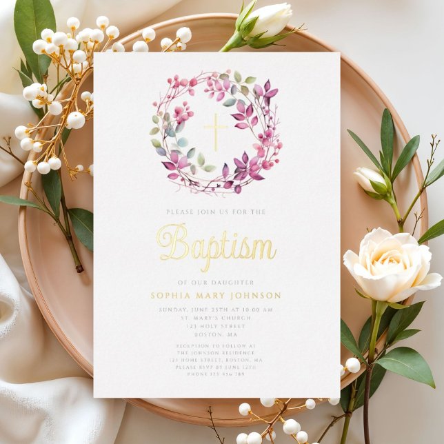 Elegante rosa Botanische Religiöse Girl Baptisse Folieneinladung (Elegant Pink Botanical Religious Girl Baptism Foil Invitation)