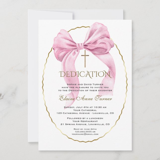 Elegante Rosa-Bow-Gold-Girl-Dedication Einladung (Vorderseite)