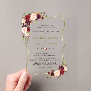 Elegante rosa burgunderrote Floral gold Marmor Hoc Acryleinladungen