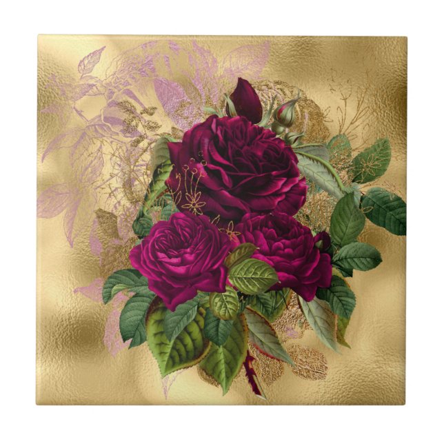 Elegante Rosa Burgundy Gold Rose Fliese (Vorderseite)