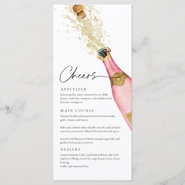 Elegante Rosa Champagne Themenkarte Menükarte (Vorderseite)