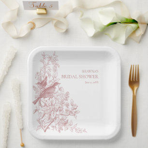 Elegante rosa Chinoiserie Natur Vogel Brautparty Pappteller