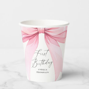 Elegante Rosa Coquette Bow First Birthday Girl Pappbecher