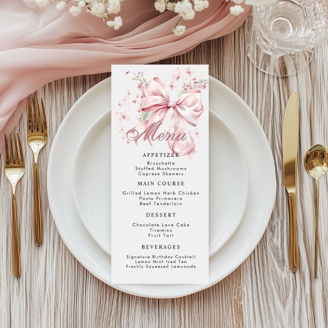 Elegante Rosa Coquette Bow Pearls Menu Karte (Pink Bow Pearls Menu Card)