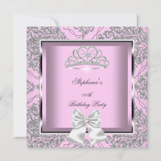 Elegante Rosa Damask Silver Birthday Party Einladung (Vorderseite)