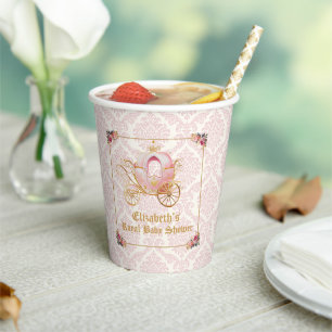 Elegante rosa Damast Prinzessin Karosse Baby Showe Pappbecher