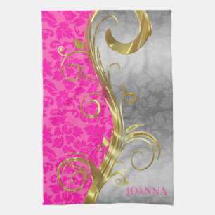 Elegante rosa Damaststoffe mit Gold- und Silberwir Küchentuch