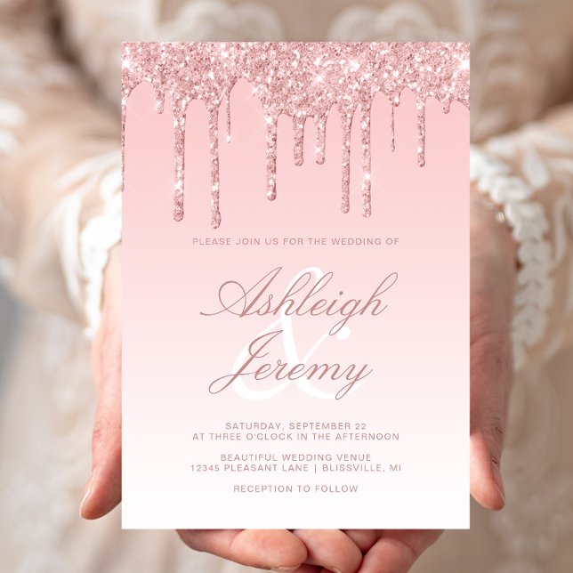 Elegante Rosa Dripping Glitzer Script Wedding Einladung (Von Creator hochgeladen)