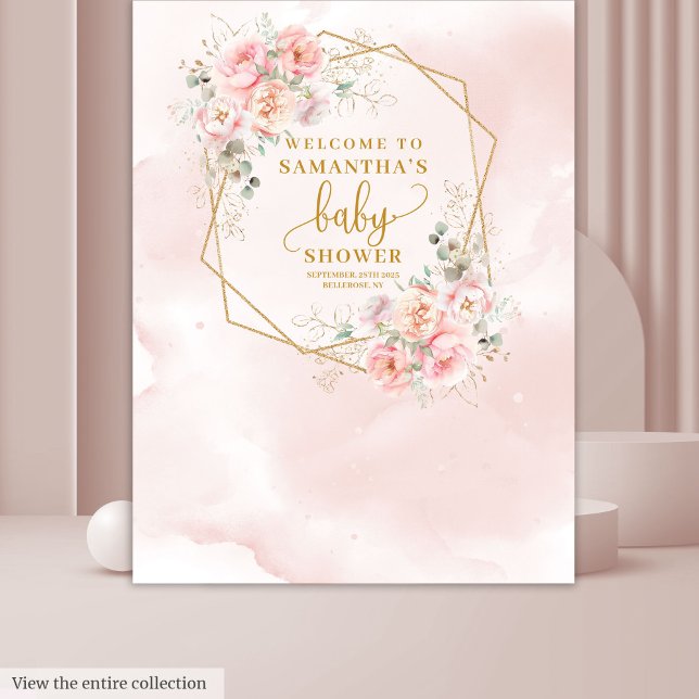 Elegante, rosa Dusche mit Blumen Wandteppich (Elegant blush pink floral baby shower backdrop)