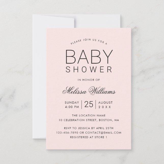 Elegante rosa Einfache moderne Girl Baby Dusche Einladung (Vorderseite)