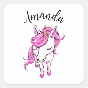 Elegante Rosa Einhorn Girl Name Quadratischer Aufkleber