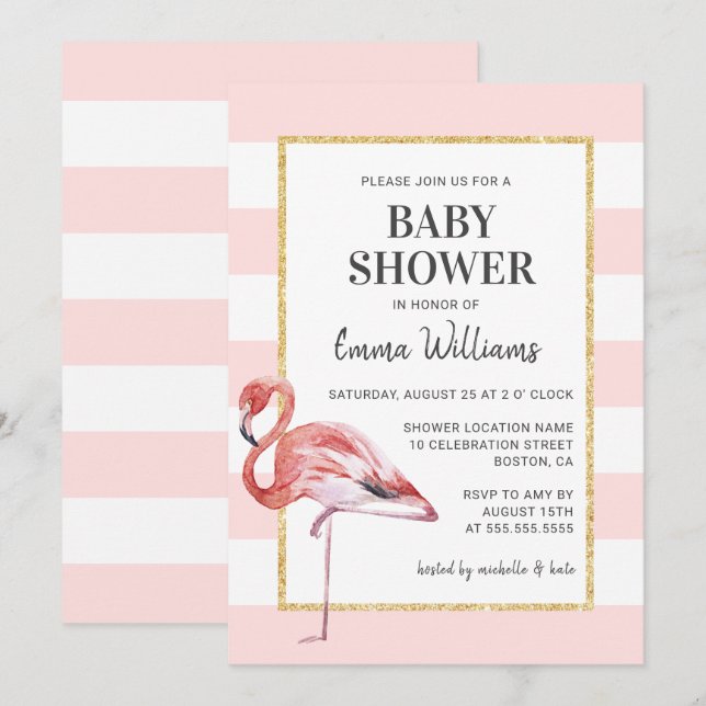 Elegante Rosa Flamingo Kinderdusche Einladungen (Vorne/Hinten)