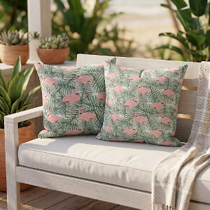 Elegante rosa Flamingos grüne Palmwedel Muster Kissen
