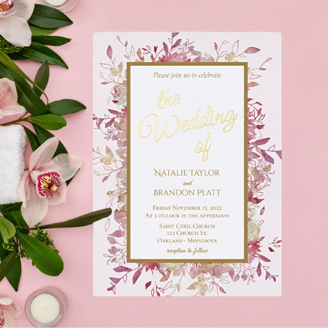 Elegante Rosa Flora Goldene Hochzeit Folieneinladung (Von Creator hochgeladen)