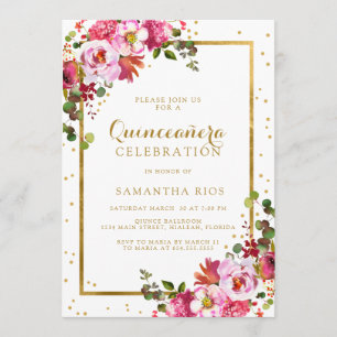 Elegante Rosa Flora und Goldene Rahmen Quinceanera Einladung