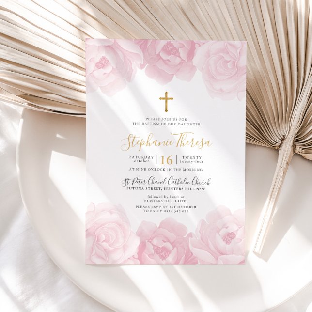 Elegante Rosa Floral Gold Cross Taufe Einladung (Pink Floral Girls Baptism Invitation)