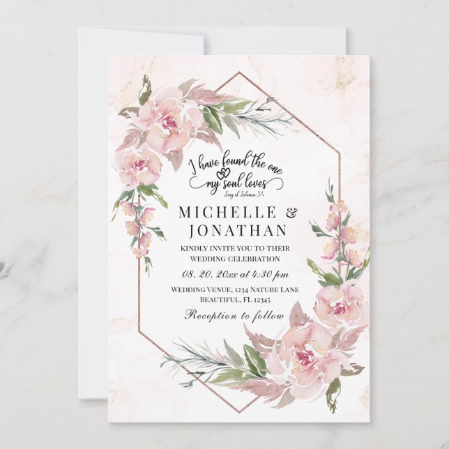 Elegante Rosa Floral Gold Frame Bibel Verse Hochze Einladung (Vorderseite)