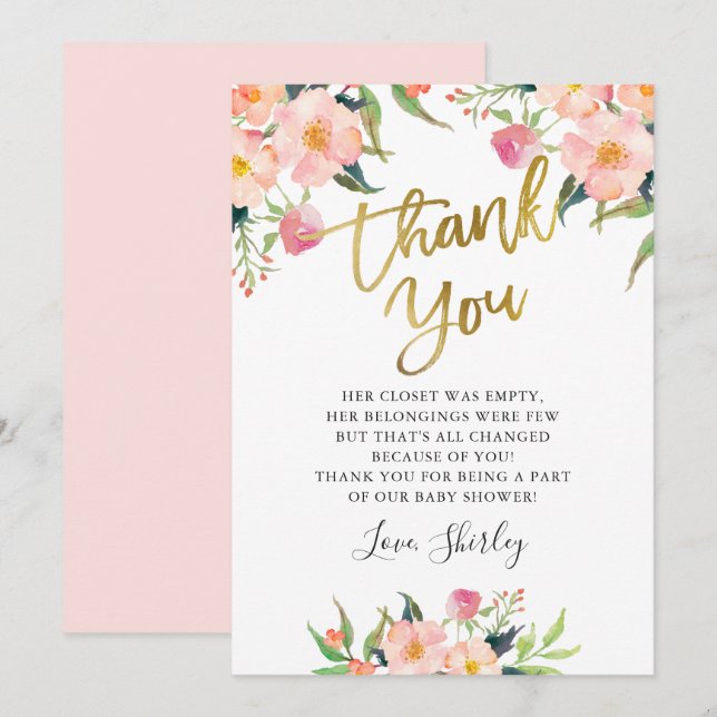 Elegante Rosa Floral Gold Script Baby Dusche Dankeskarte (Vorne/Hinten)