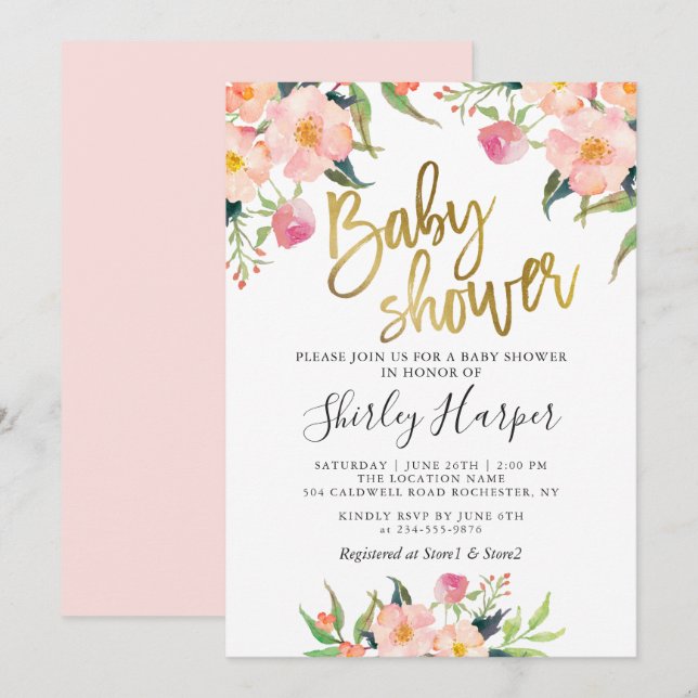 Elegante Rosa Floral Gold Script Baby Dusche Einladung (Vorne/Hinten)