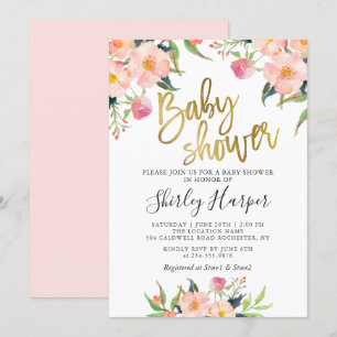 Elegante Rosa Floral Gold Script Baby Dusche Einladung