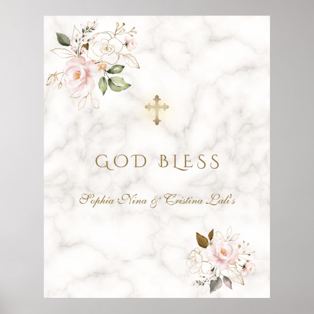 Elegante rosa Floral Gold Taufe Gott segne Zeichen Poster (Vorne)