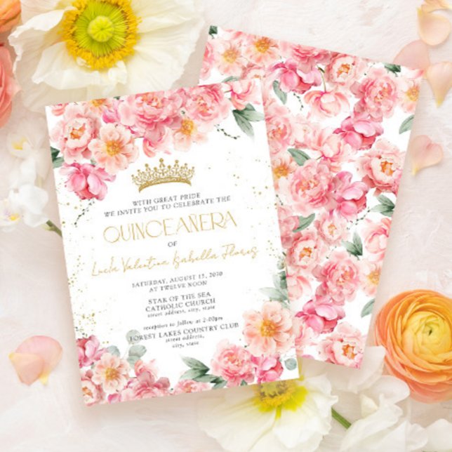 Elegante Rosa Floral Gold Tiara Quinceañera Einladung (Von Creator hochgeladen)