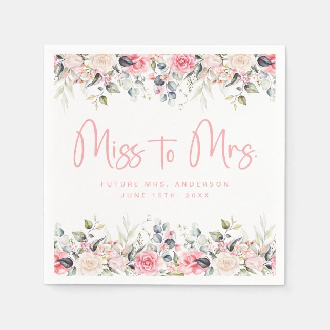 Elegante Rosa Floral Miss an Mrs. Brautparty Serviette (Vorderseite)