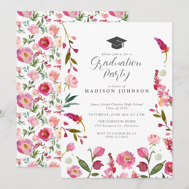 Elegante rosa Floral Moderne Script Graduation Par Einladung (Vorne/Hinten)