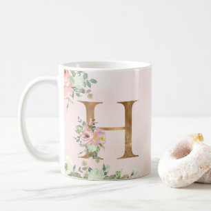 Elegante Rosa Floral Monogram H Kaffeemaschine Tas Kaffeetasse