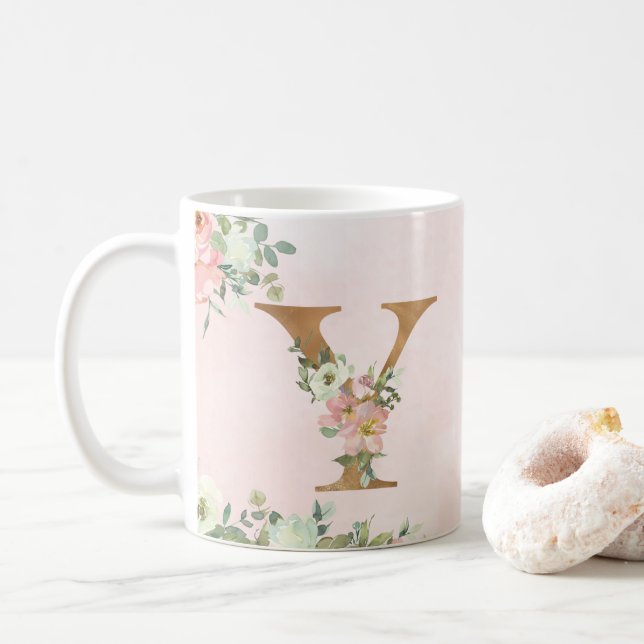 Elegante Rosa Floral Monogram Y Coffee Tasse (Mit Donut)