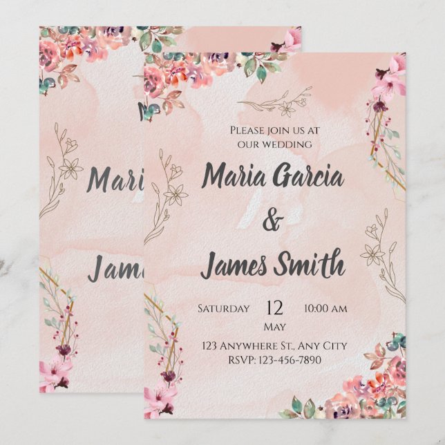 Elegante Rosa Floral Wedding Invitation Card Einladung (Vorne/Hinten)