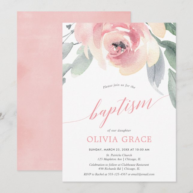 Elegante, rosa, florale Aquarelltaufe Einladung (Vorne/Hinten)