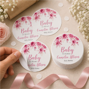 Elegante rosa florale Babyparty Runder Aufkleber