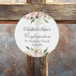 Elegante rosa florale Bestätigung Custom Christmas Keramik Ornament
