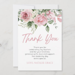 Elegante rosa florale Blumen grüne Blätter Taufe Dankeskarte