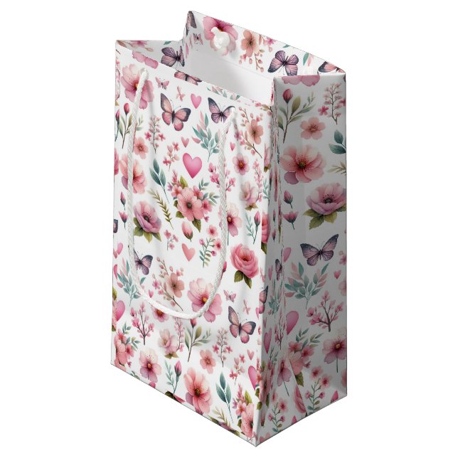 Elegante, rosa, florale Frau Kleine Geschenktüte (Vorderseite Schrägansicht)