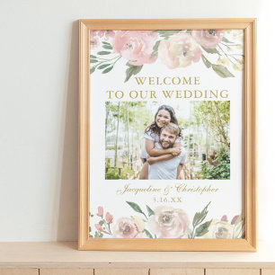 Elegante rosa florale Goldene Foto-Hochzeitsbegrüß Poster