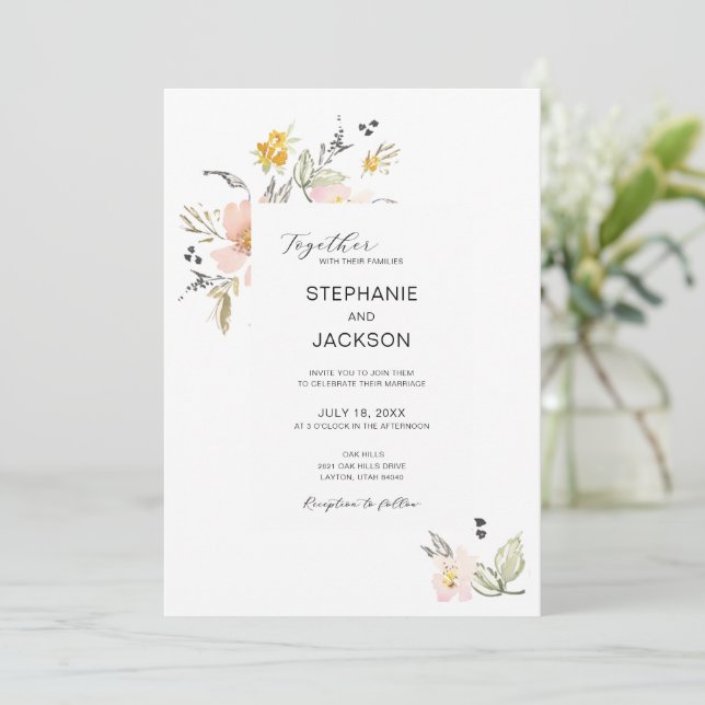 Elegante, rosa, florale Hochzeit Einladung (Stehend Vorderseite)
