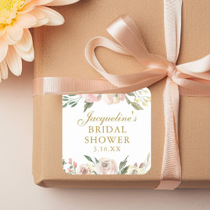 Elegante rosa florale Hochzeitsdusche in Gold Quadratischer Aufkleber
