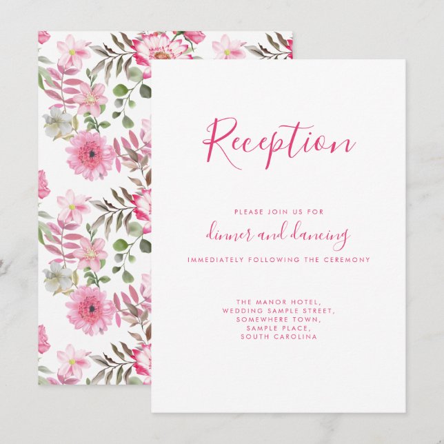 Elegante rosa florale Hochzeitskarte Begleitkarte (Vorne/Hinten)