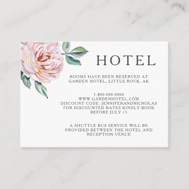 Elegante, rosa, florale Hochzeitsunterkünfte Begleitkarte (Vorderseite)